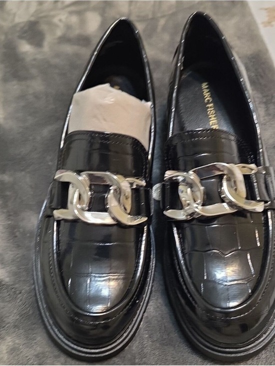 Marc Fisher Shoes - Marc Fisher Black Patent Loafers with Silver Chain Detail